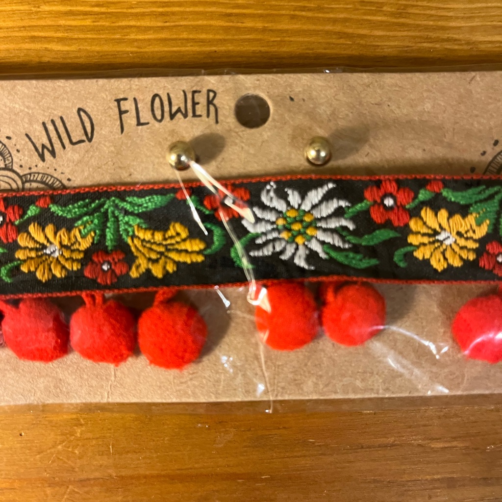 Wild Flower Embroidered Choker With Red Pom Poms